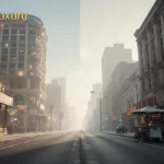 Split city street shows luxury mall beside crumbling store with muted blue tones