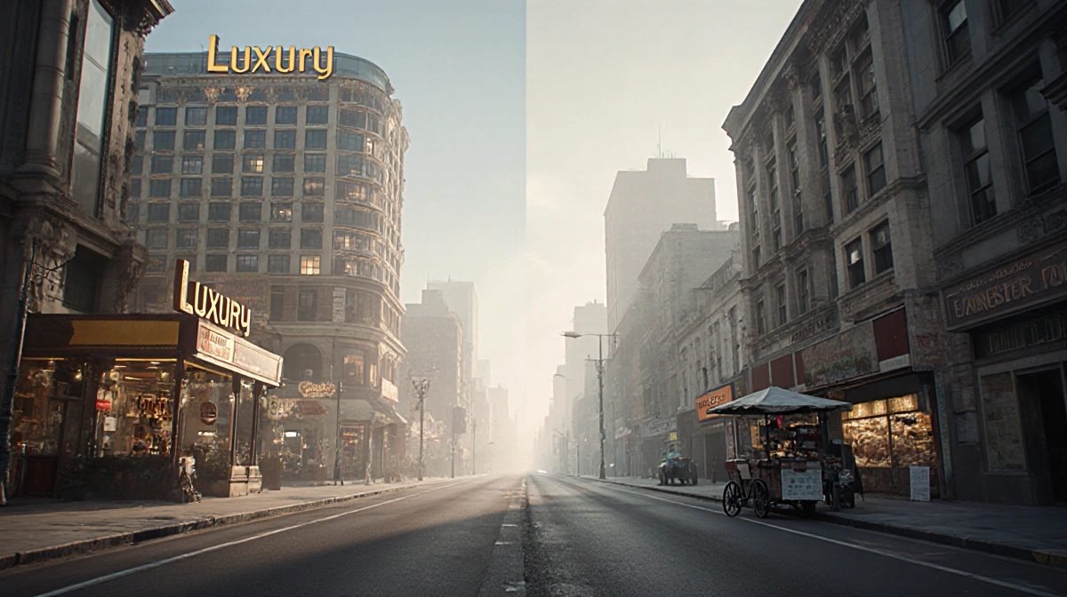 Split city street shows luxury mall beside crumbling store with muted blue tones