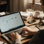 Developer typing on laptop with smartphone app interface glowing behind cluttered desk