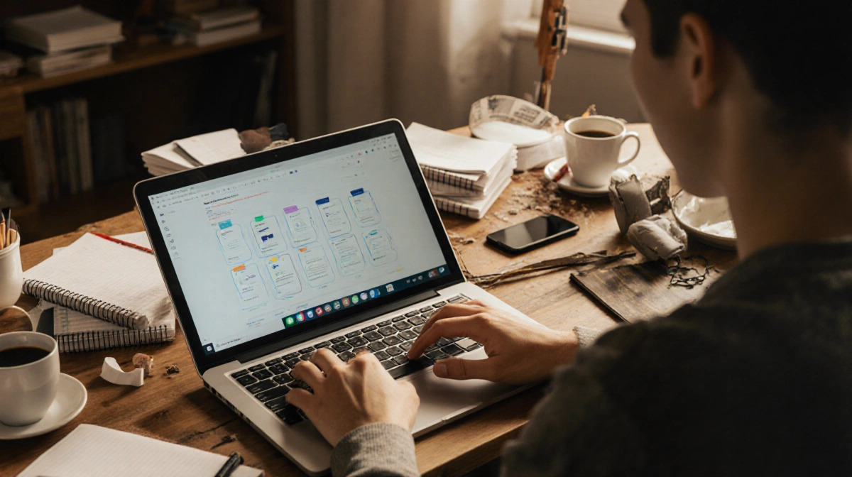 Developer typing on laptop with smartphone app interface glowing behind cluttered desk