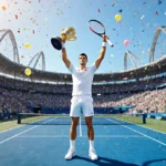 Novak Djokovic celebrating victory at Australian Open with trophy raised high and cheering fans filling the stadium