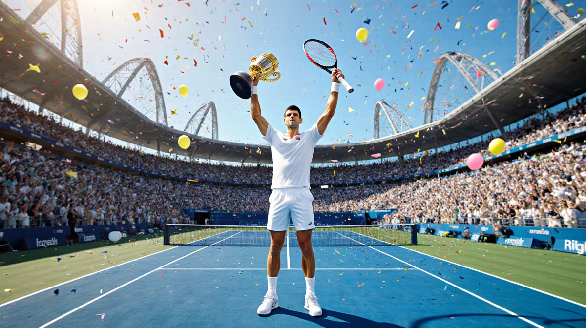 Novak Djokovic celebrating victory at Australian Open with trophy raised high and cheering fans filling the stadium
