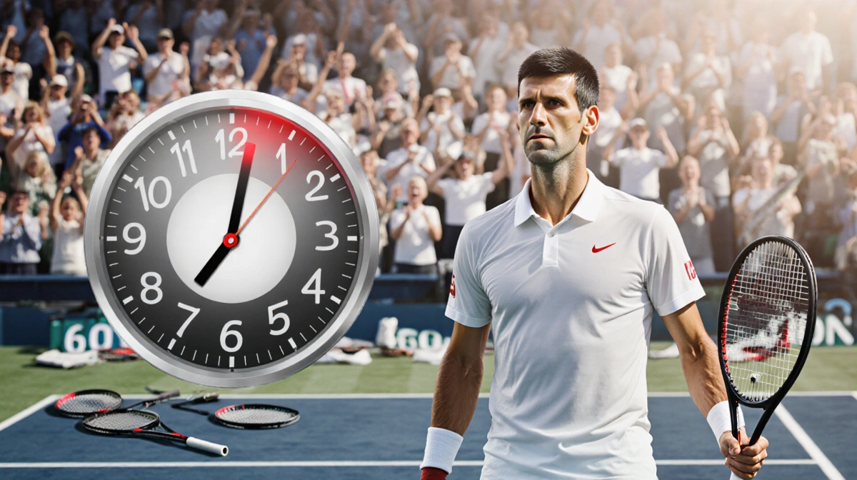 Tennis player stands triumphantly on court with clock showing 1:55 and cheering crowd behind