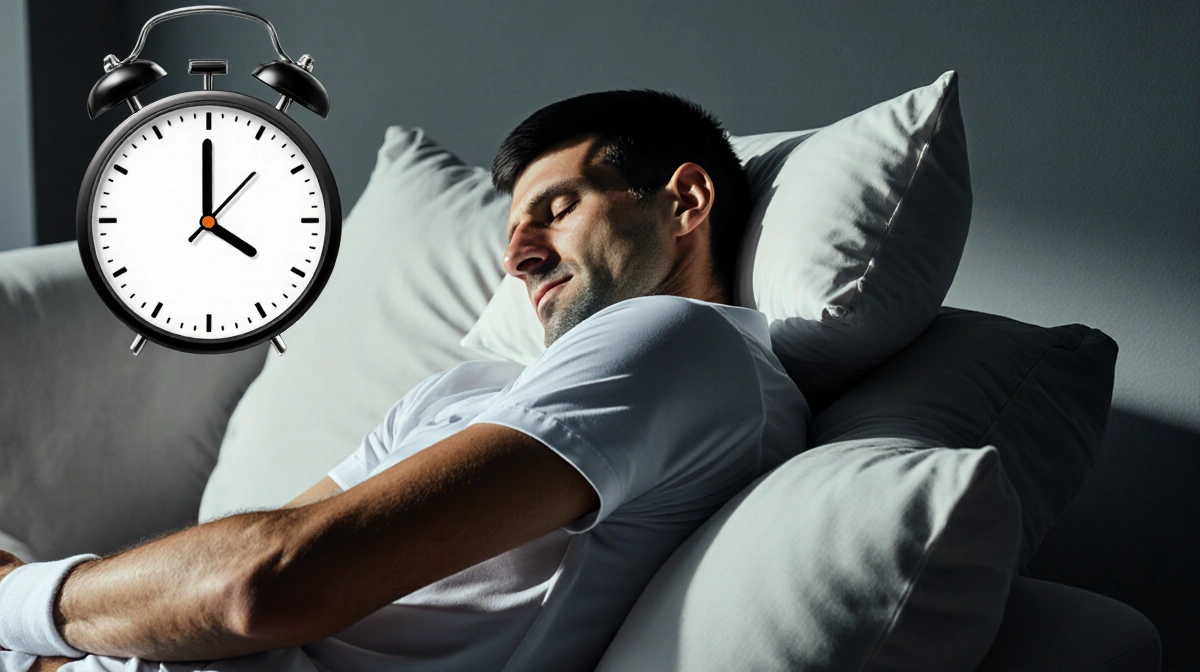 Tennis player resting on couch with pillow and timer showing thirty minutes