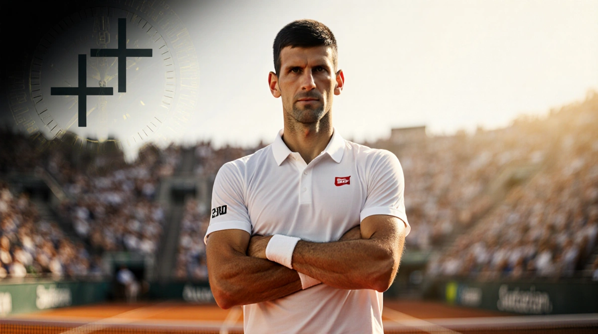 Novak Djokovic stands at tennis baseline with arms crossed and golden stadium light behind