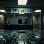 Lone figure stands near shattered glass table with security camera glow and dusk shadows