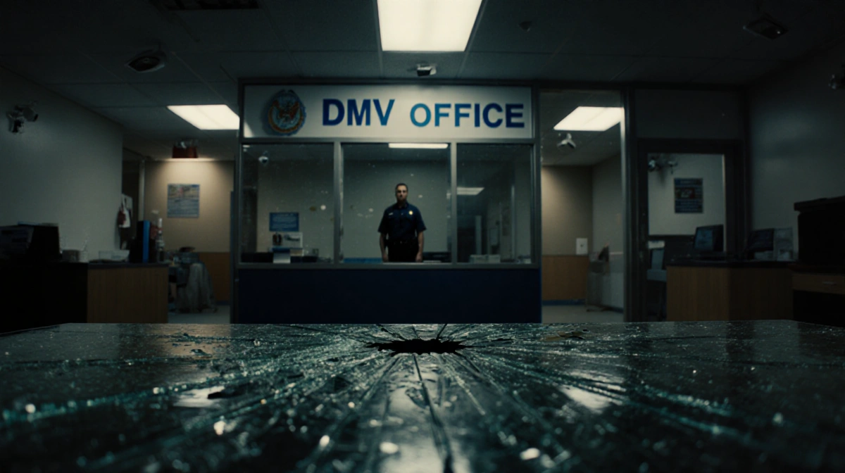 Lone figure stands near shattered glass table with security camera glow and dusk shadows