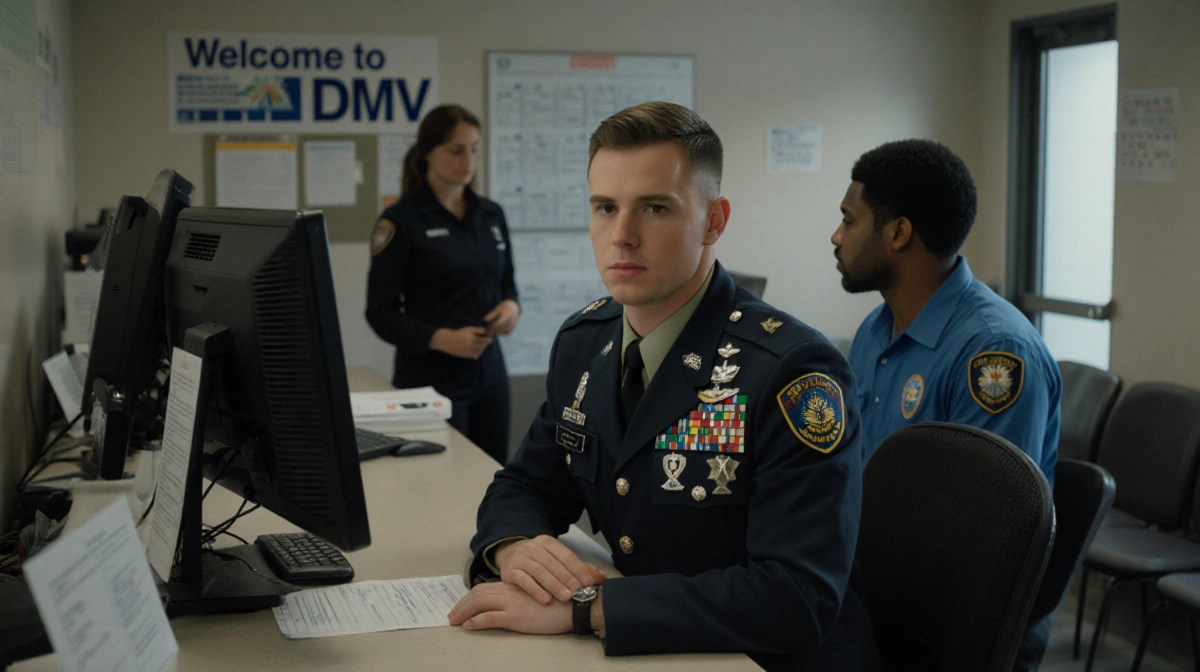 Corporal Snook sits at DMV welcome desk with employee beside him as Rahman Rose returns with queue ticket