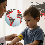 Doctor examining child with yellow vaccination band and subtle map of measles outbreak in warm background