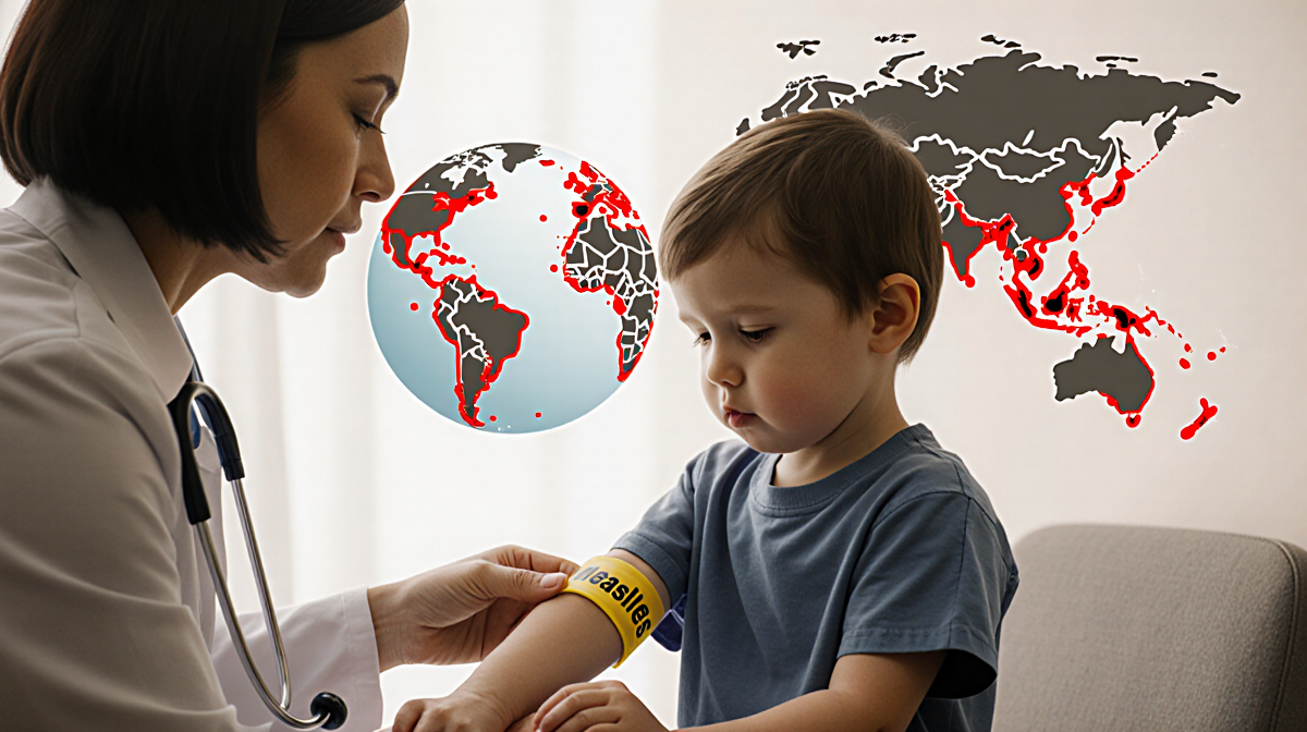 Doctor examining child with yellow vaccination band and subtle map of measles outbreak in warm background