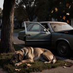 Dog lies dead beside crashed sedan with dented hood and open door