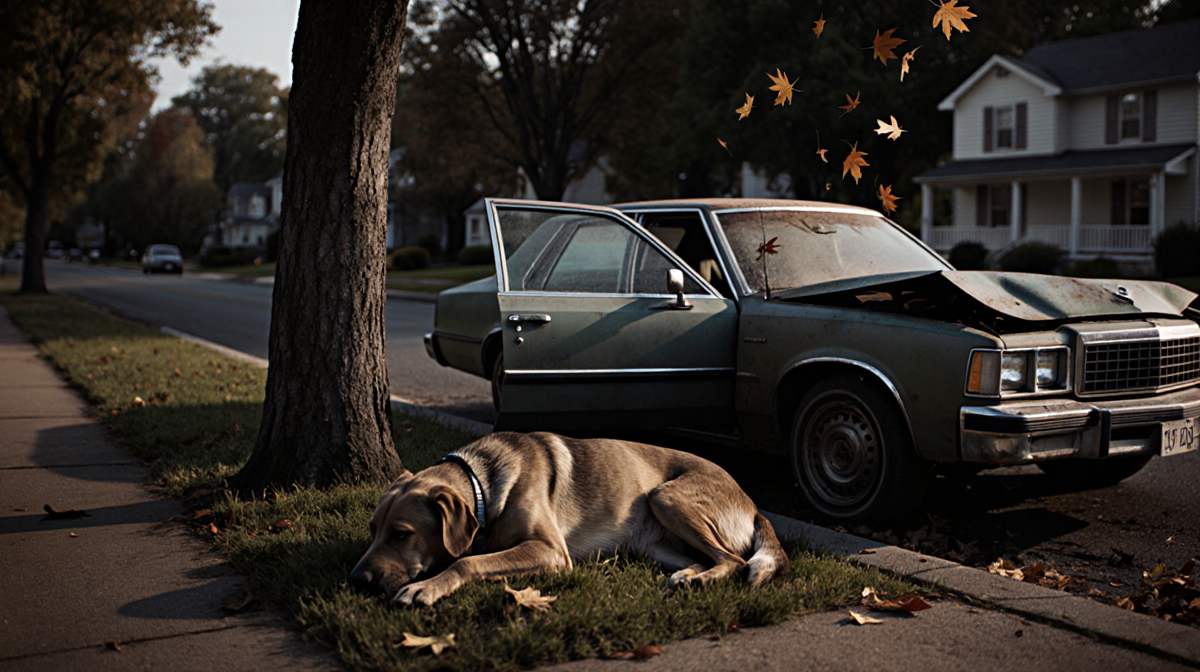 Dog lies dead beside crashed sedan with dented hood and open door