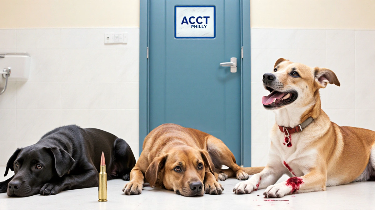 Dog wagging tail with faint blood on fur and two dogs with shotgun shell beside them ACCT Philly door in background