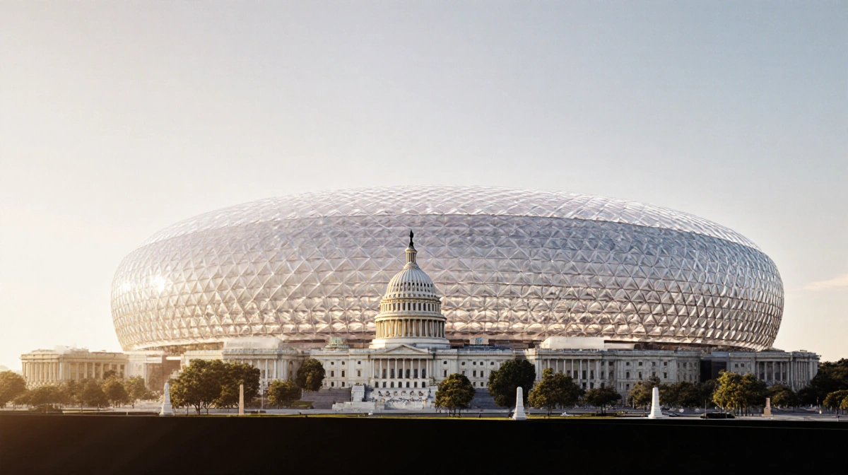 Domed stadium roof rising with gentle curves and golden lighting showing Capitol Building in background