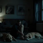 Man lying on floor clutching ankle with three lifeless dogs surrounding him in a dim living room.