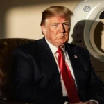 Donald Trump sits in a chair with a worn leather armrest and a pill bottle beside him looking thoughtful.