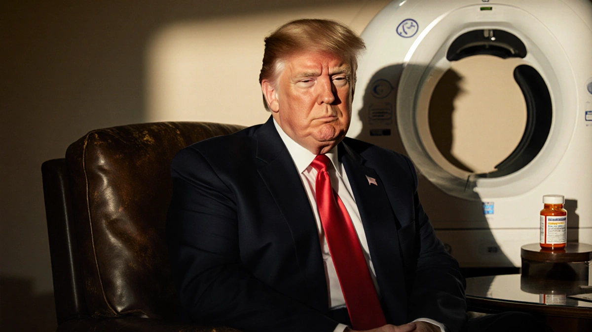 Donald Trump sits in a chair with a worn leather armrest and a pill bottle beside him looking thoughtful.