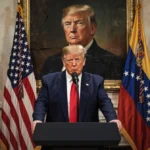 Donald Trump stands at podium with American flags and a crooked Trump Corollary banner while Maduro looks on.