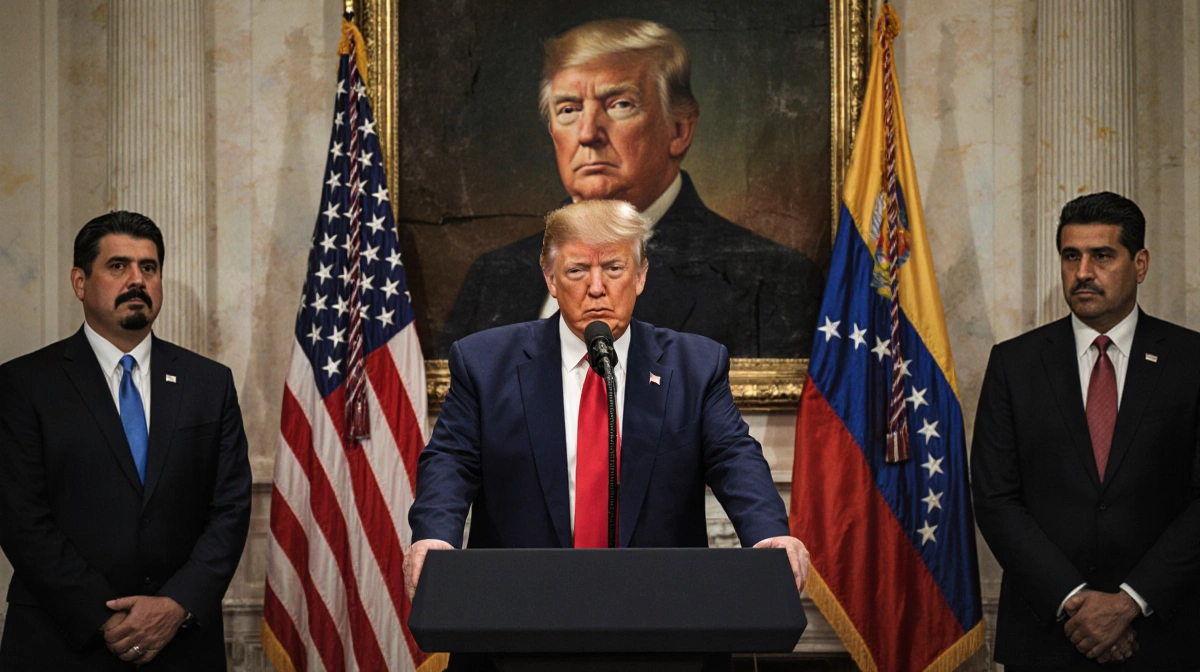 Donald Trump stands at podium with American flags and a crooked Trump Corollary banner while Maduro looks on.