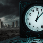 Doomsday Clock face frozen at 100 seconds to midnight with ruins behind and circuit wires in front.