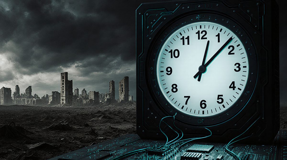 Doomsday Clock face frozen at 100 seconds to midnight with ruins behind and circuit wires in front.