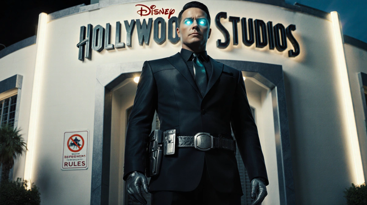 Doorman standing confidently with metallic high‑tech suit and Hollywood Studios logo on modern building.
