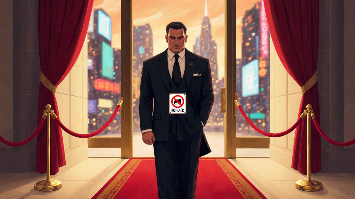 Doorman standing at luxurious entrance with red carpet and neon cityscape background