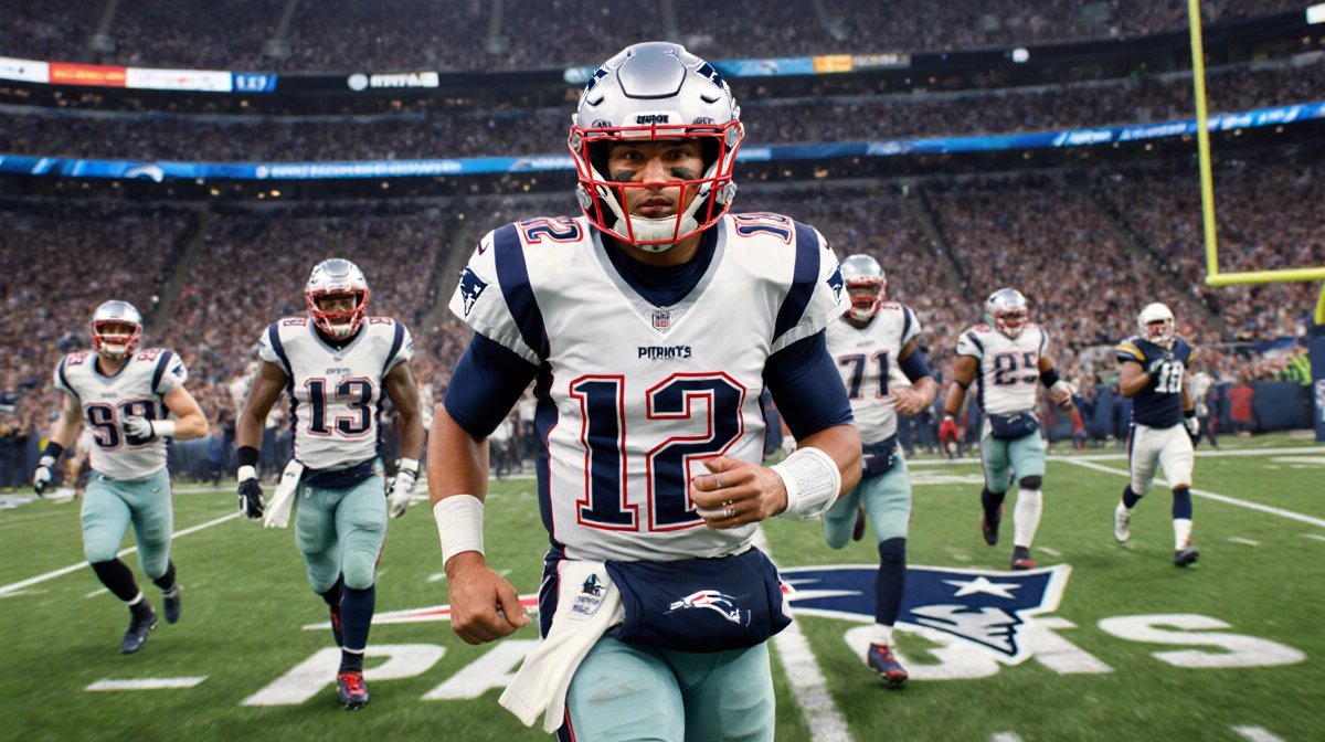 Patriots quarterback Drake Maye celebrates victory with team and Patriots logo at stadium