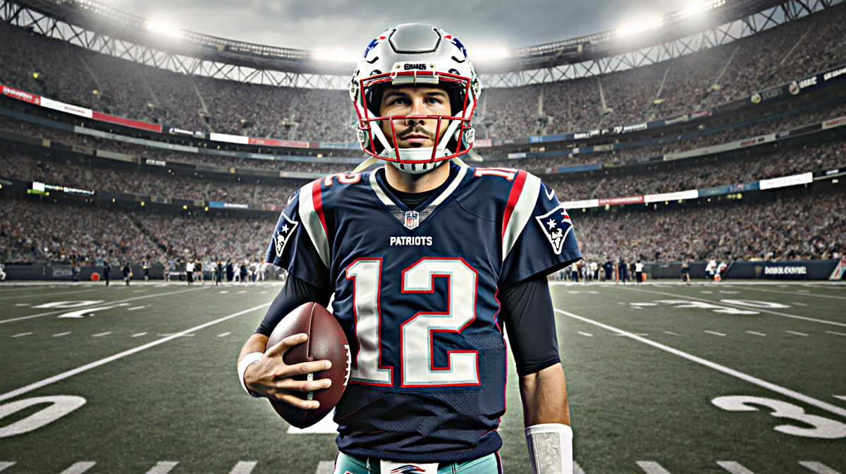 Drake Maye standing confidently with a football in hand and Patriots jersey with a faded Tom Brady jersey near stadium.