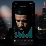 Spotlight highlighting smartphone screen displaying distorted graph with Drake