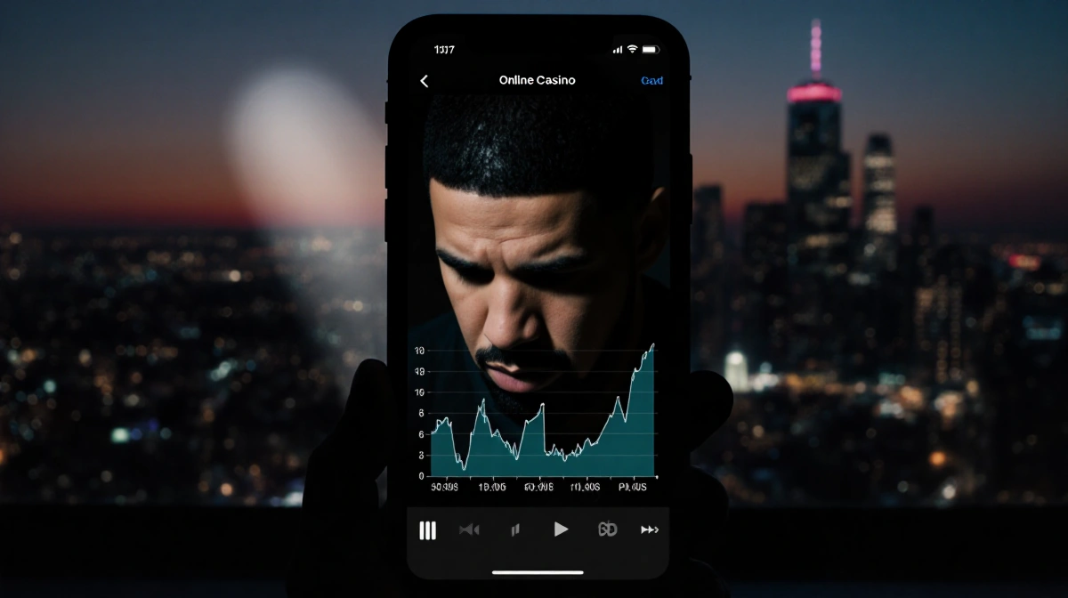 Spotlight highlighting smartphone screen displaying distorted graph with Drake