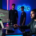 Drake streaming at a high‑end gaming desk with screens showing Stake.us tipping and a smartphone displaying an inflated strea