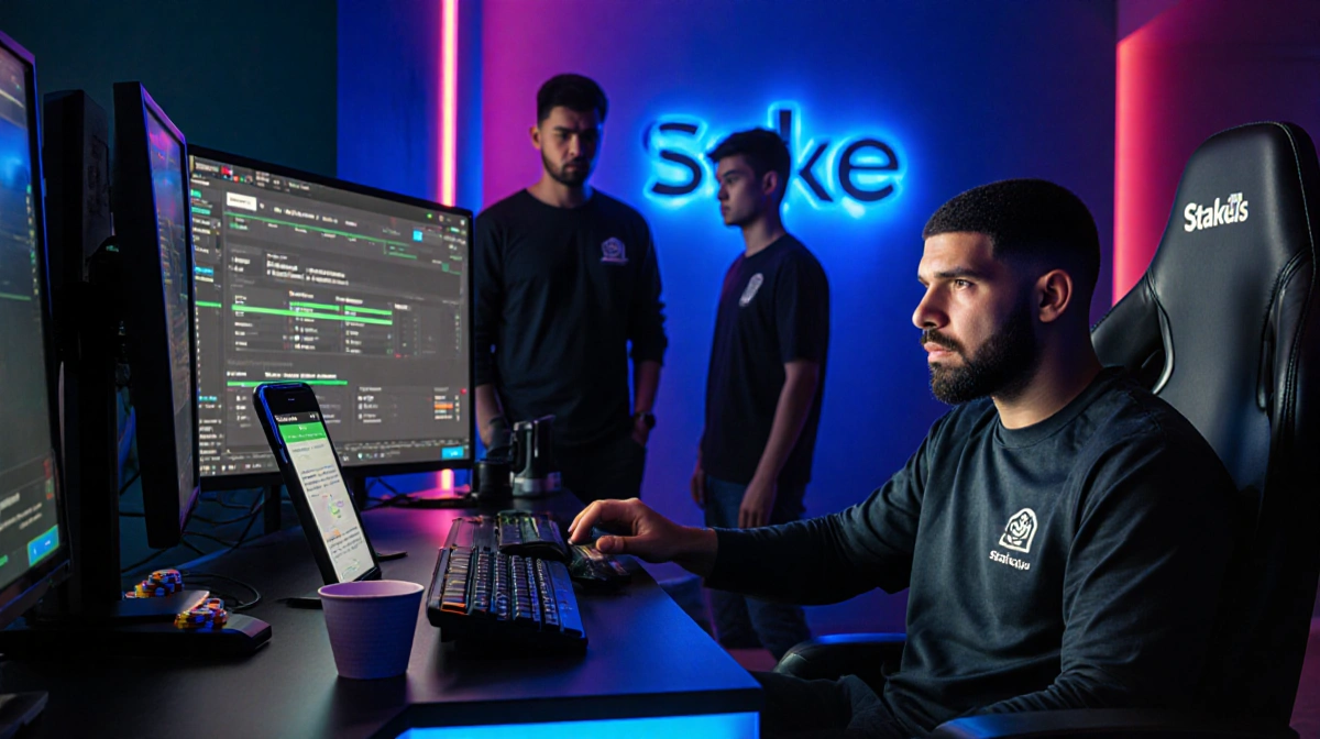 Drake streaming at a high‑end gaming desk with screens showing Stake.us tipping and a smartphone displaying an inflated strea