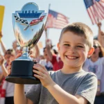 Young boy holding Corvette bumper trophy high with fans cheering and mullet signs behind him