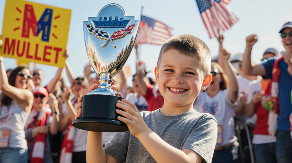 Young boy holding Corvette bumper trophy high with fans cheering and mullet signs behind him