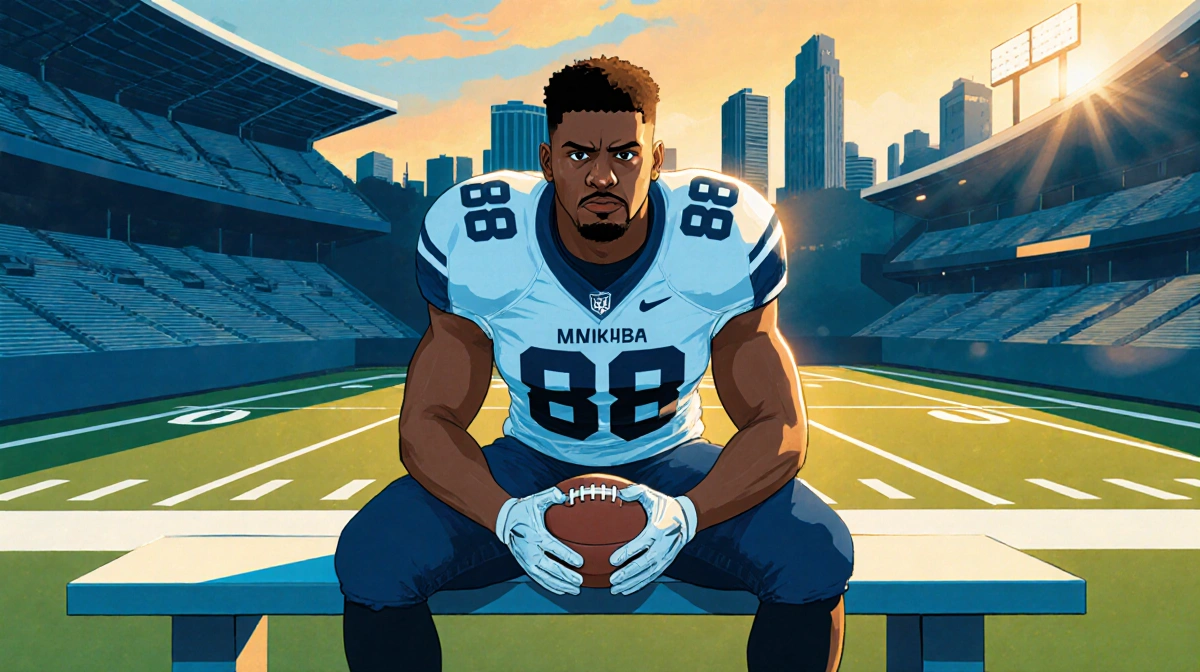 Drew Mukuba sits on football bench gripping ball with number 88 jersey and stadium skyline behind