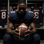 Drew Mukuba sits alone holding a deflated football with warm stadium lights behind him and worn jerseys nearby