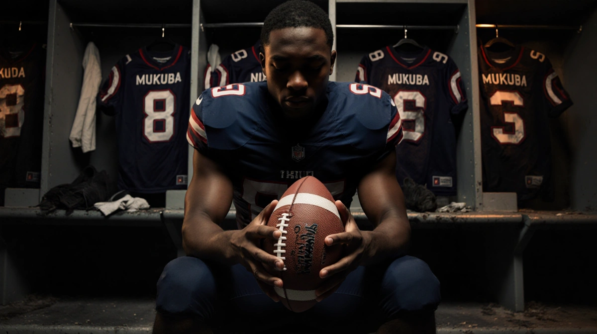 Drew Mukuba sits alone holding a deflated football with warm stadium lights behind him and worn jerseys nearby