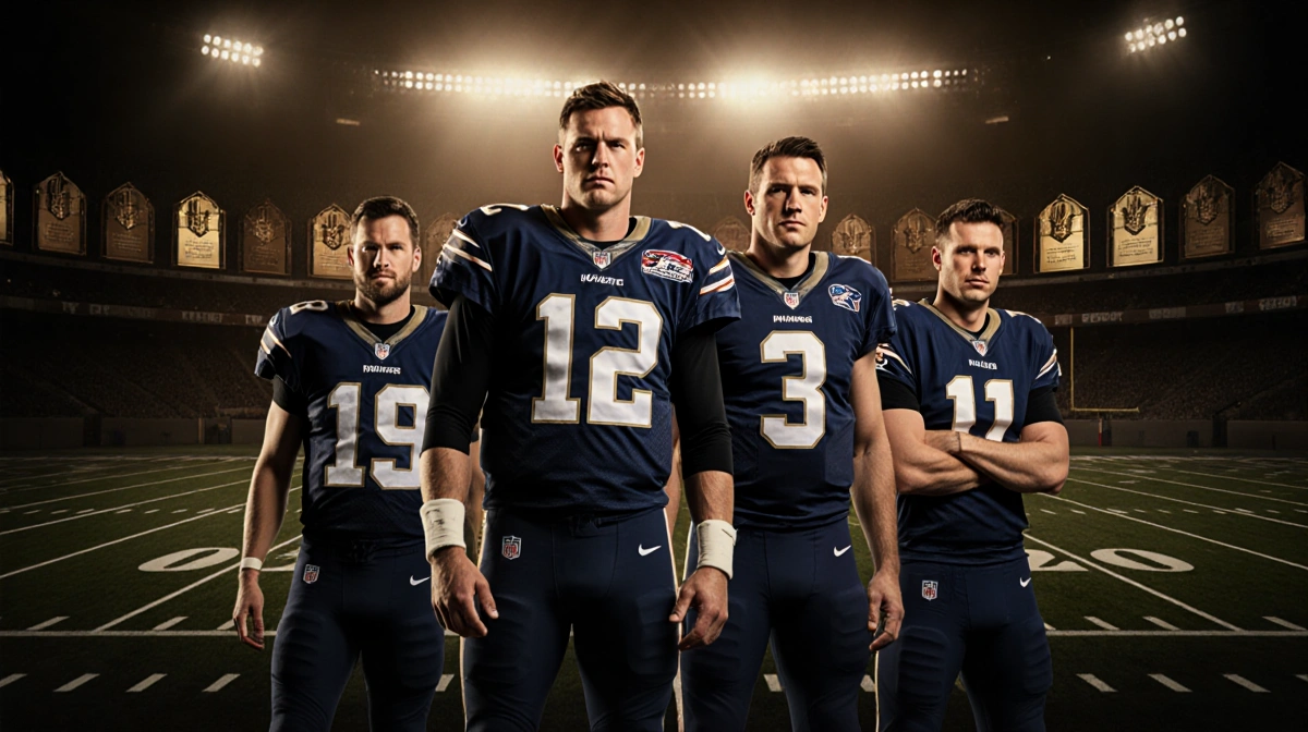 Drew Brees and Eli Manning pose together with Hall of Fame plaques behind them in a stadium.