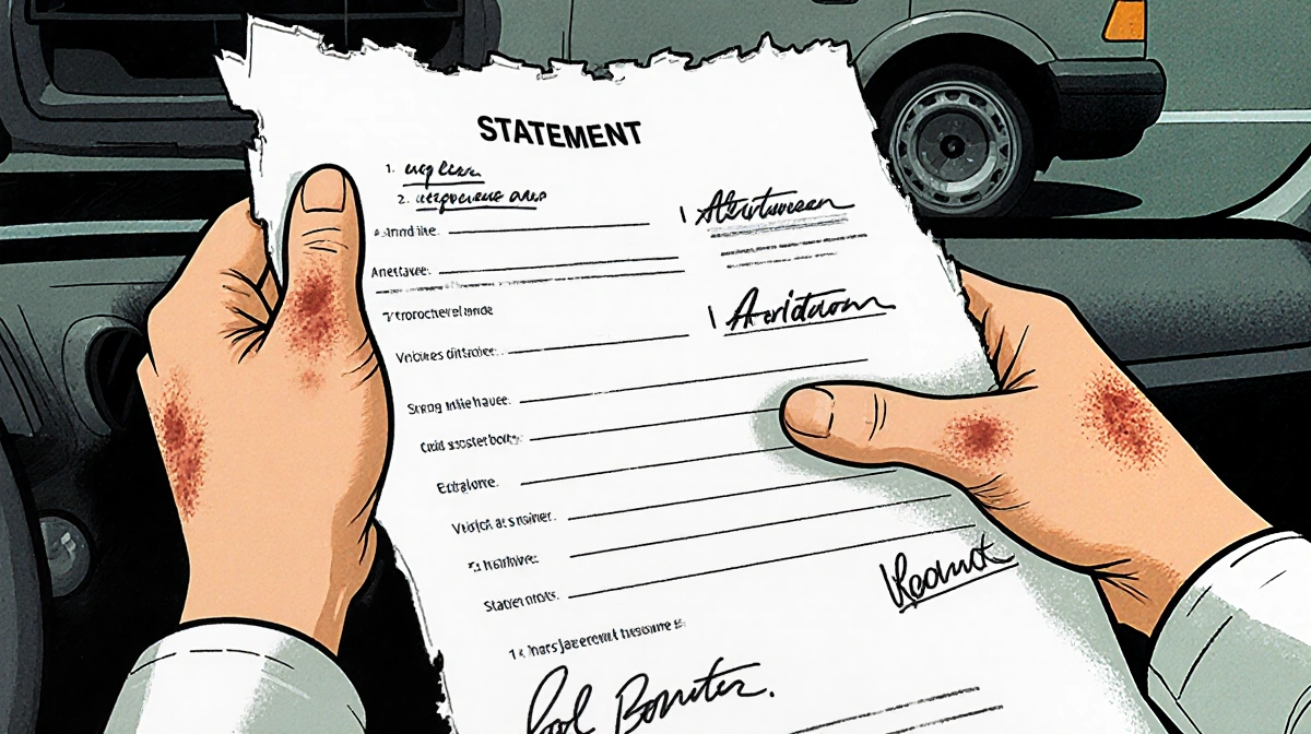 Driver's bruised hands clutch torn accident affidavit with handwritten notes showing crash scene behind