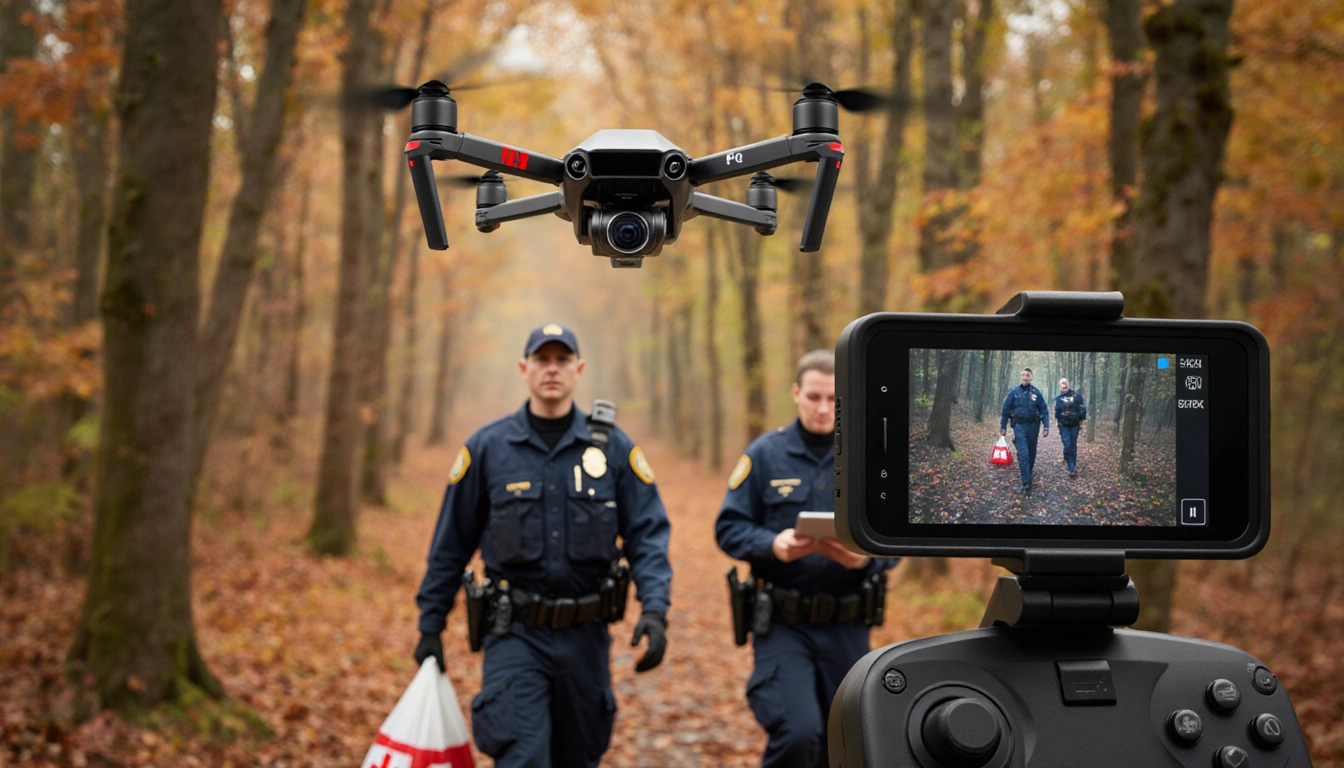 Two police officers walking into woods with tablets and a drone screen in foreground warm colors search.