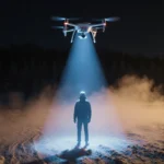 Drone hovering over winter landscape with thermal glow highlighting a lone figure and misty fog.