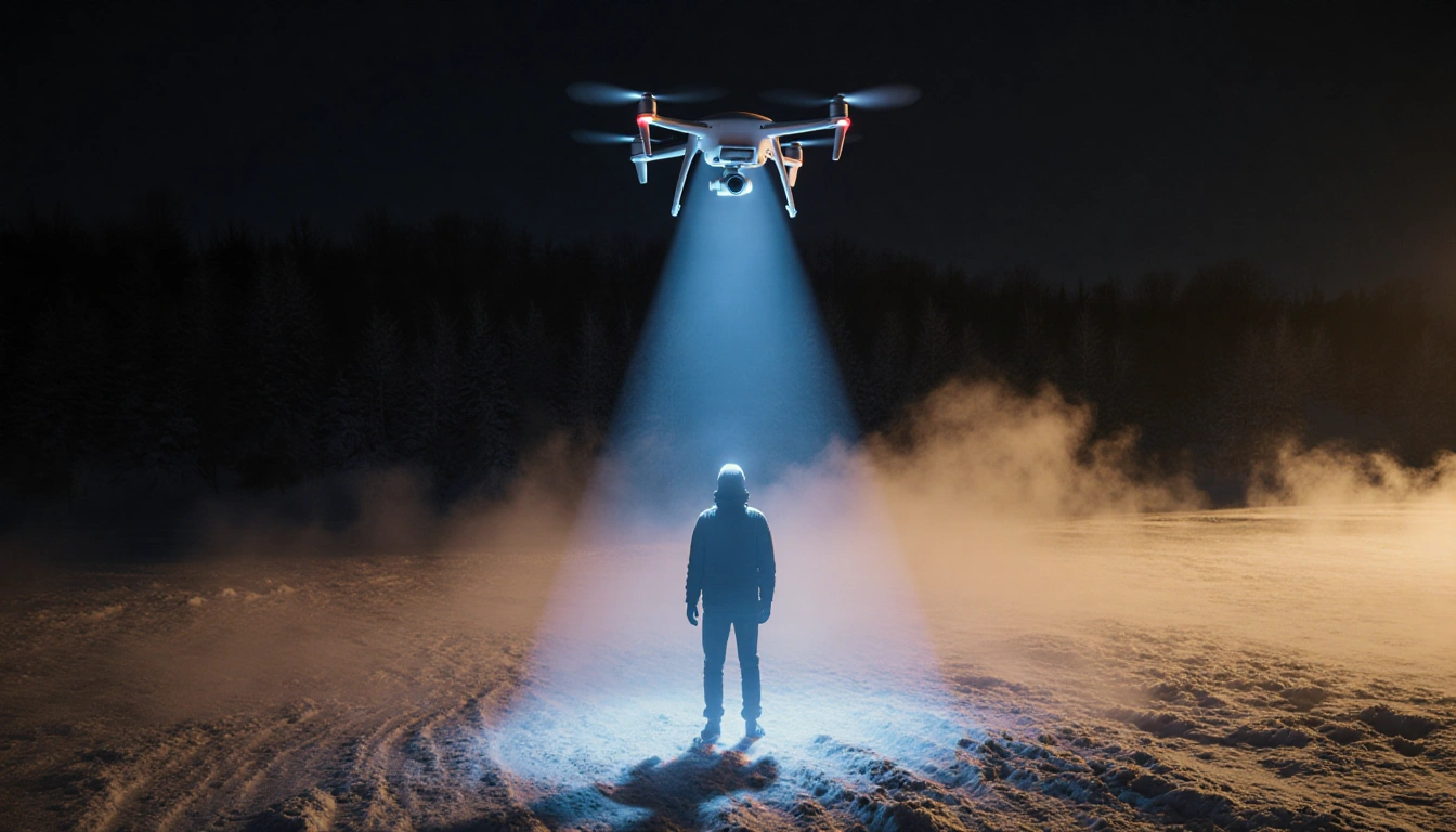 Drone hovering over winter landscape with thermal glow highlighting a lone figure and misty fog.