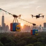 Two drones glide along a glowing zipline with colorful packages against sunset city skyline