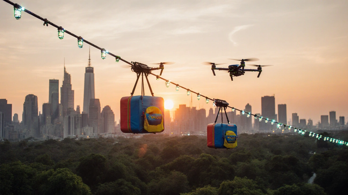 Two drones glide along a glowing zipline with colorful packages against sunset city skyline