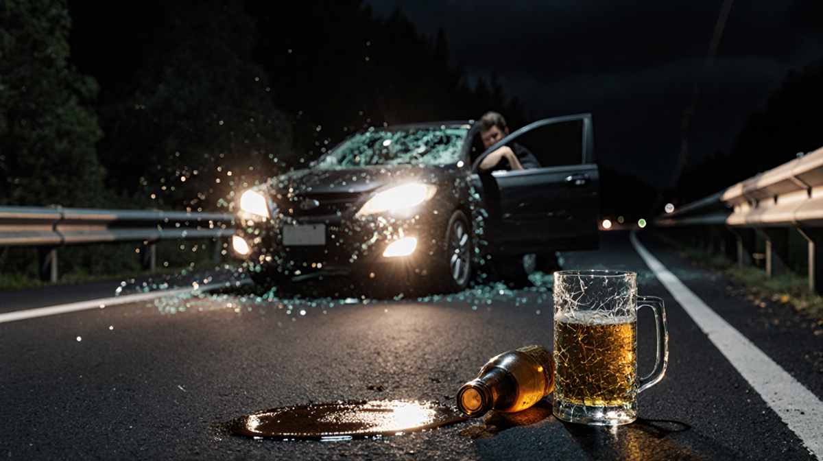 Car careening into guardrail with shattered headlights and a slumped driver next to a broken beer bottle and empty pint glass