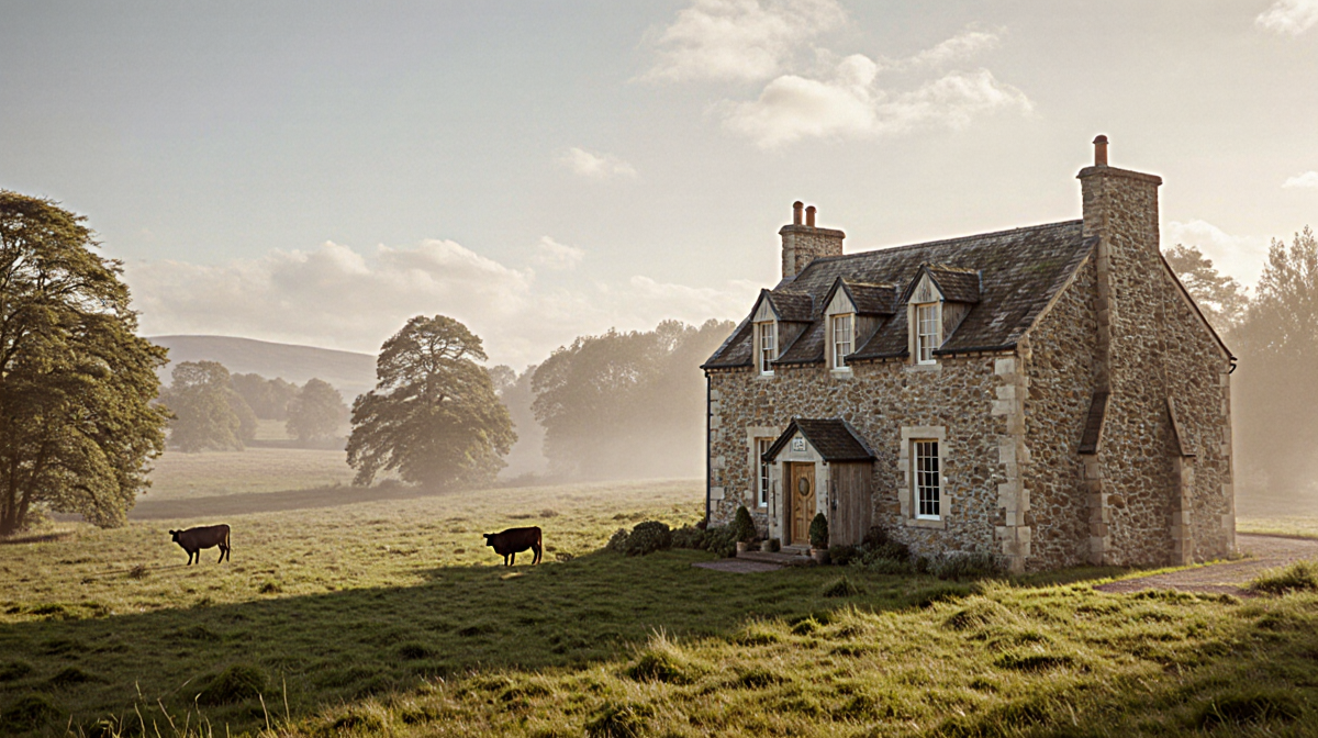 Rustic building stands within lush estate with a cow grazing nearby.