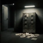 Dusty filing cabinet spills papers with flickering fluorescent light casting long shadows across archive room