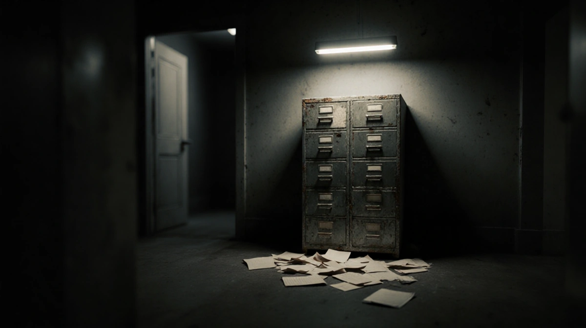 Dusty filing cabinet spills papers with flickering fluorescent light casting long shadows across archive room