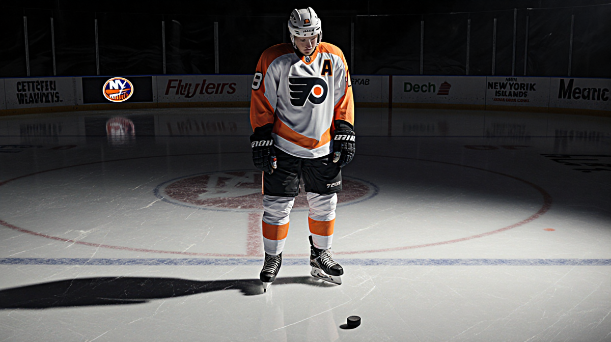 Christian Dvorak standing on Flyers ice rink with introspective gaze and a lone puck under muted lighting